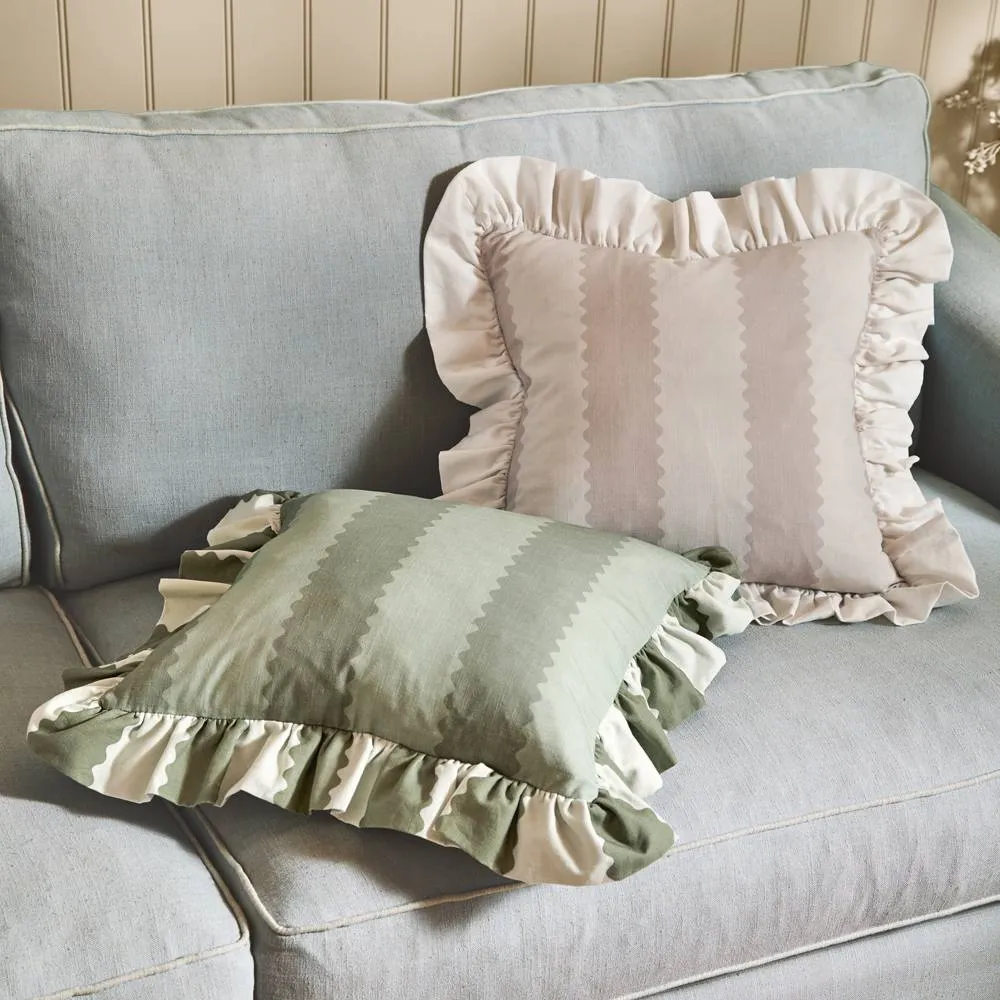 Wylder Birdie Stripe 100% Cotton Ruffle Cushion in Green 4