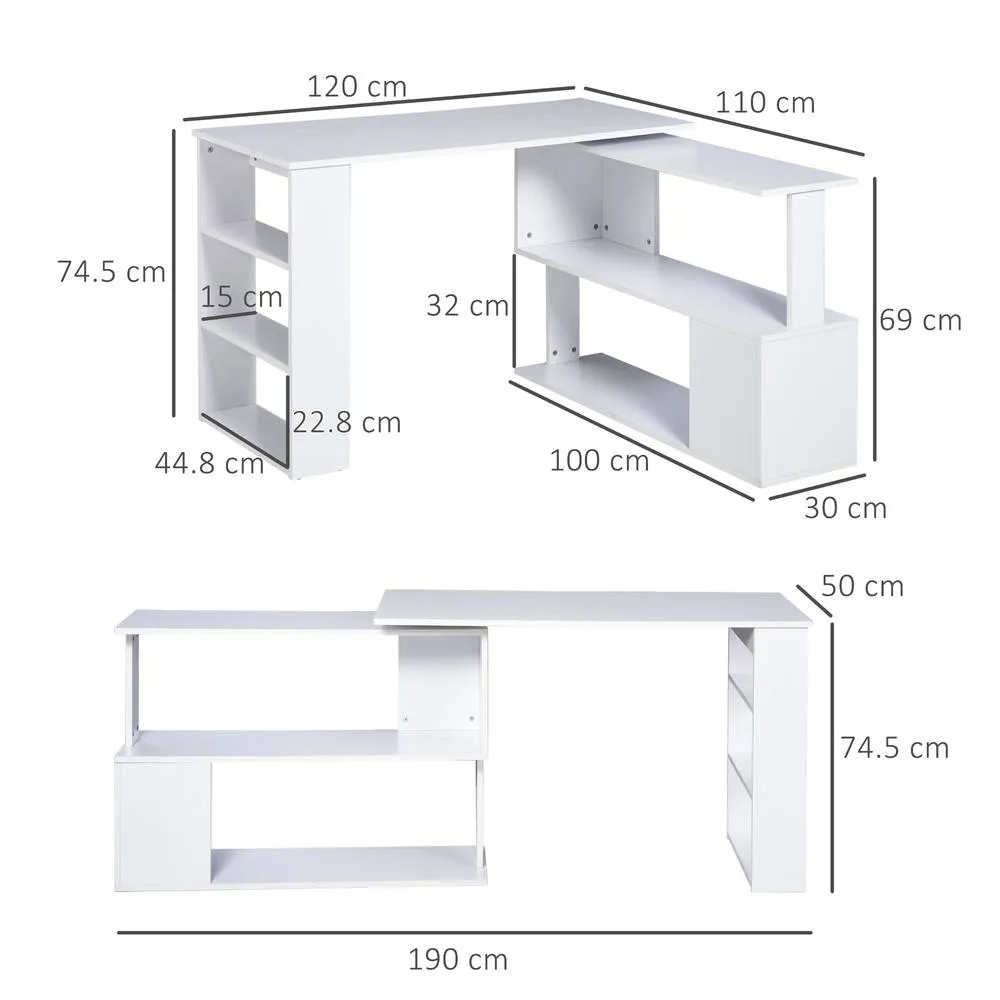 HOMCOM Corner Computer Desk with 360° Rotating Design & Bookshelf, White 3