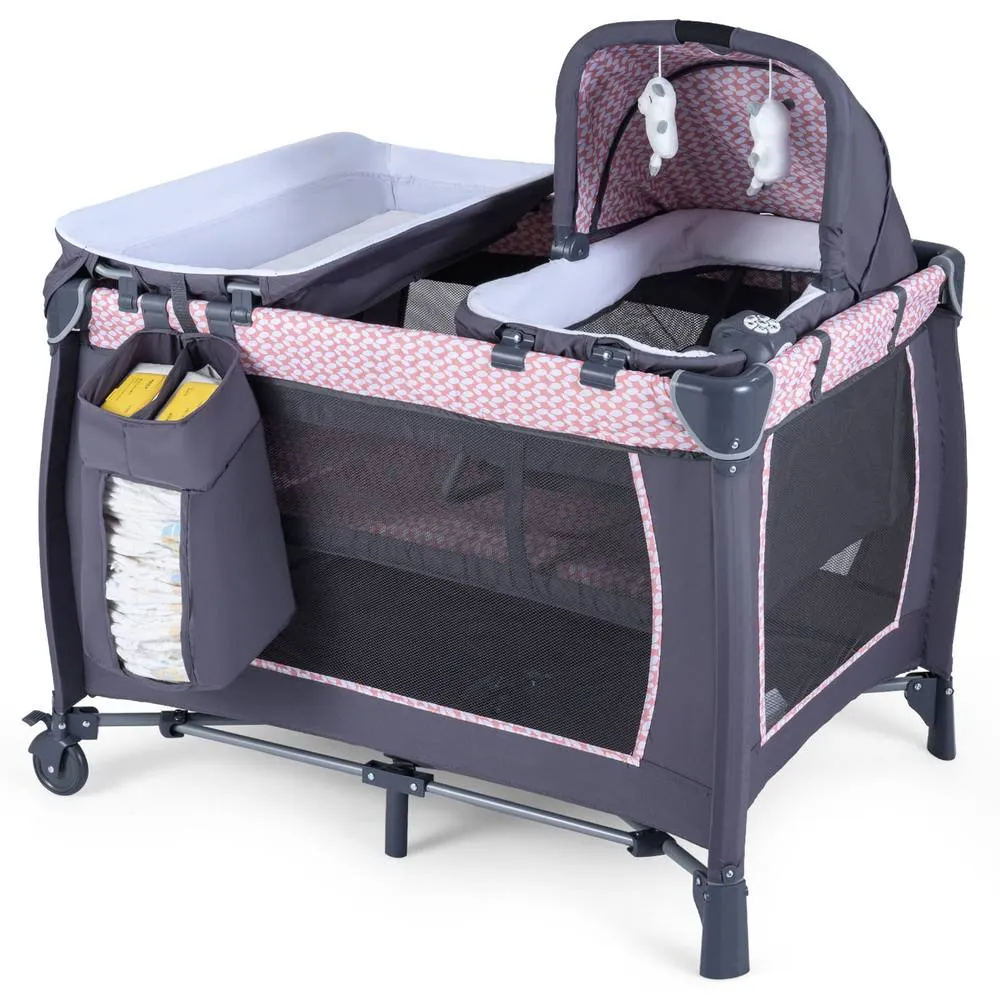 Costway Foldable Pack &Play Portable Baby Playard w/Rocking Bassinet&Music Box in Pink 3
