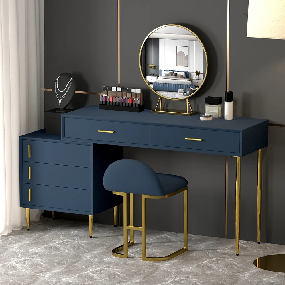 Modern Blue Dressing Table with Chair Retracted Dressing Table Cabinet & Stool & Mirror Included