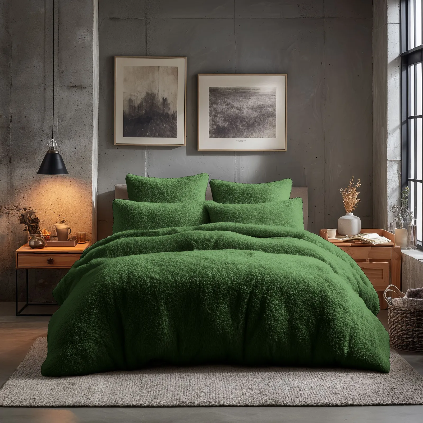 Snug City Teddy Bear Fleece Soft Cosy Duvet Cover + Pillow Case Set in Green