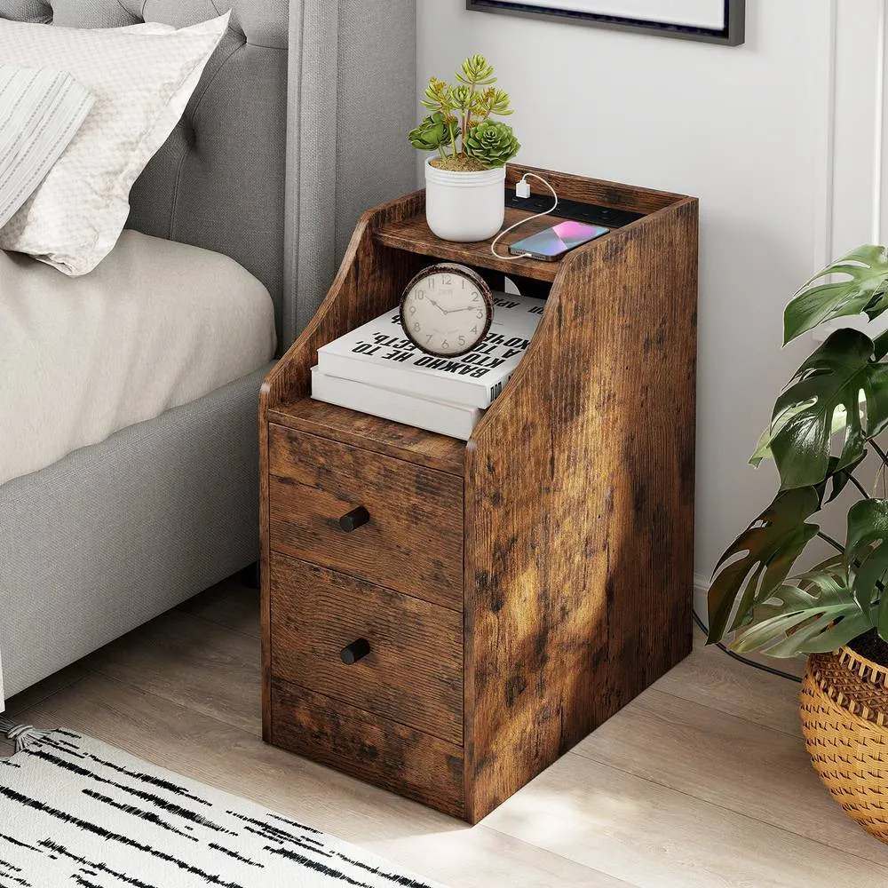 Costway Side End Table with Charging Station in Brown 3