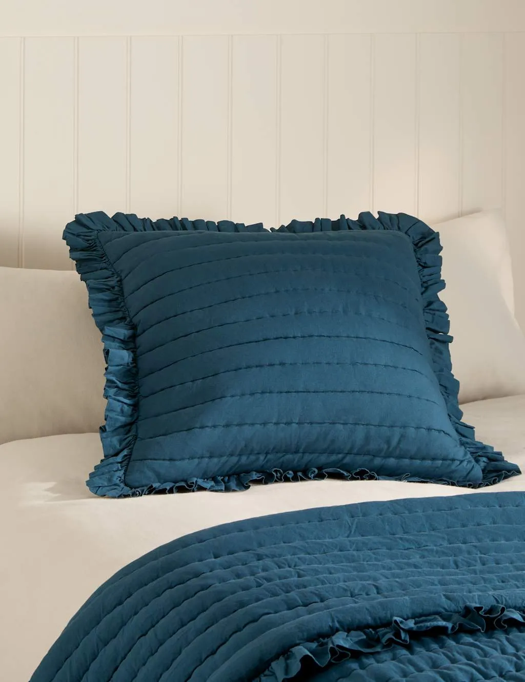 M&S Pure Cotton Textured Ruffle Trim Cushion Teal