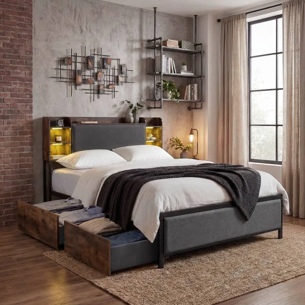 Costway King Size Bed Frame w/ LED Lights & Charging Station Platform Bed in Brown 5