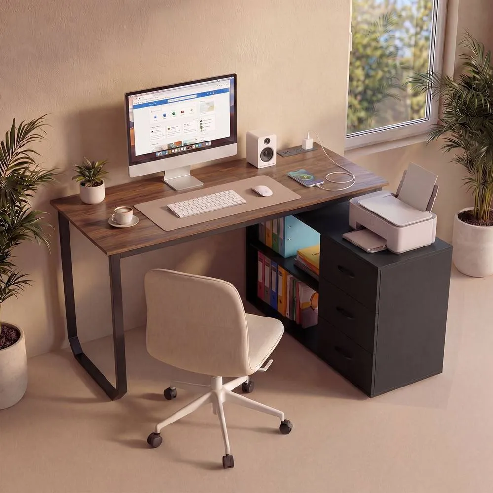 Costway 140cm Reversible L-Shaped Desk w/ Power Outlet Study Writing Table in Brown