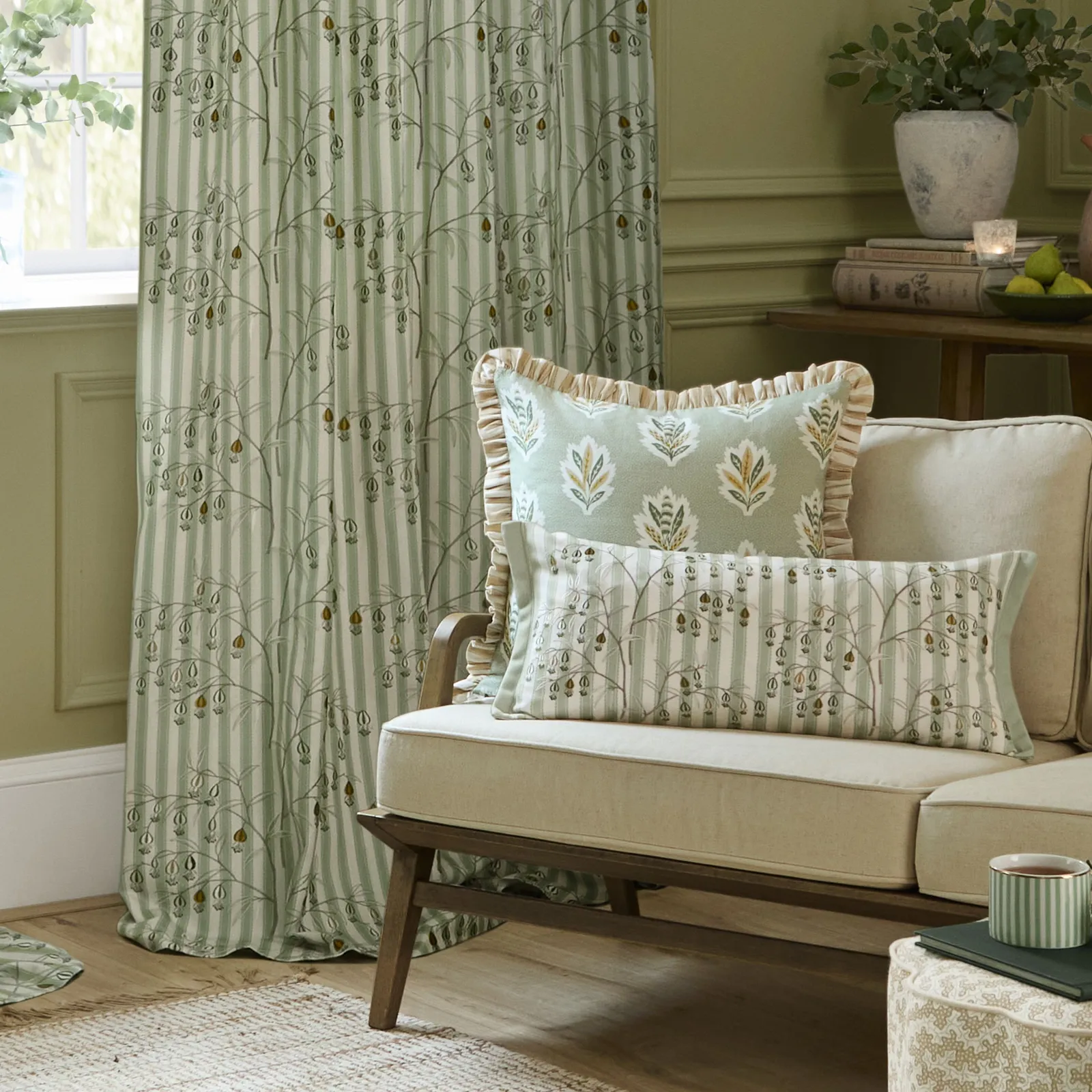Sanderson Chinese Lanterns Embroidered Room Darkening Pencil Pleat Curtains in Light Green 4
