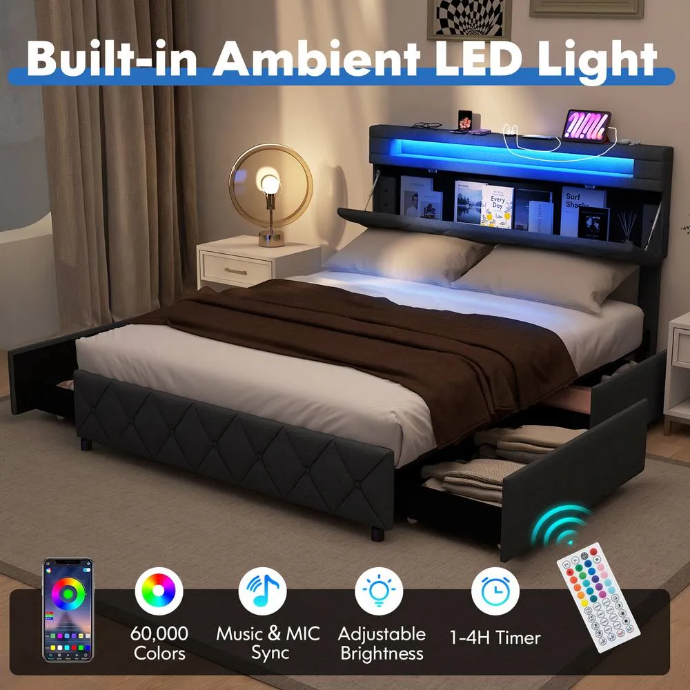 Costway Double Size Bed Frame w/ Led Lights & Charging Station-Grey in Grey 3