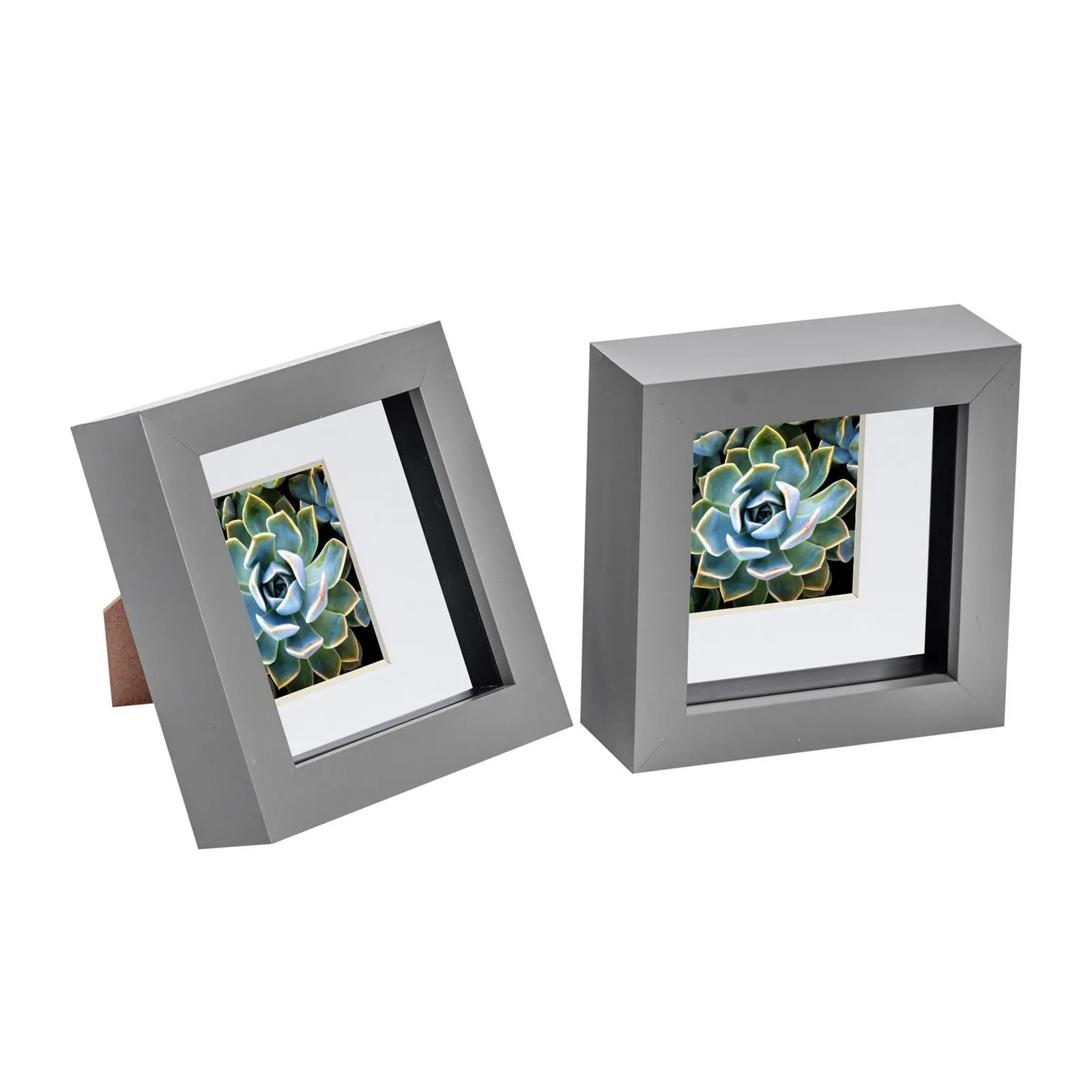 Nicola Spring 3D Box Photo Frames - 4 x 4" with 2 x 2" Mount - White Mount - Pack of 2 in Grey