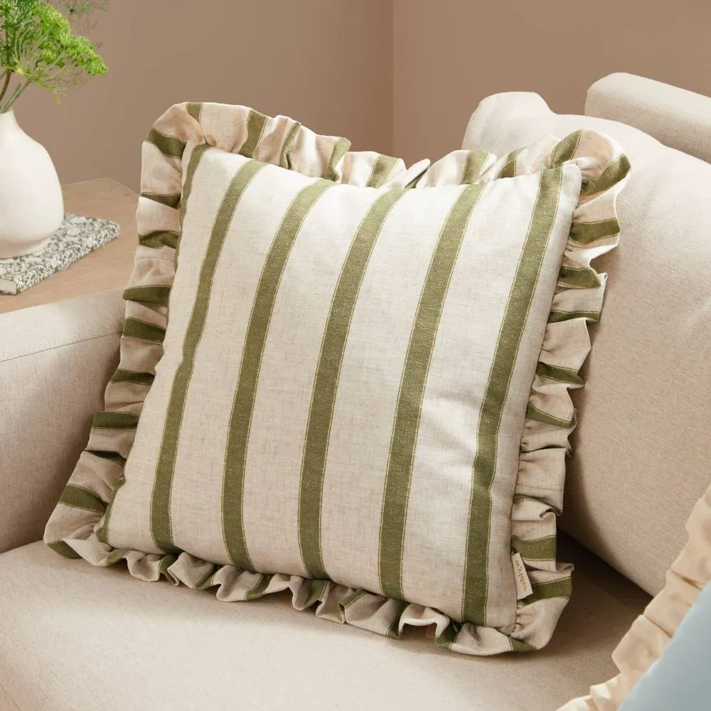 Wylder Connie Square Striped Ruffle Cushion in Olive