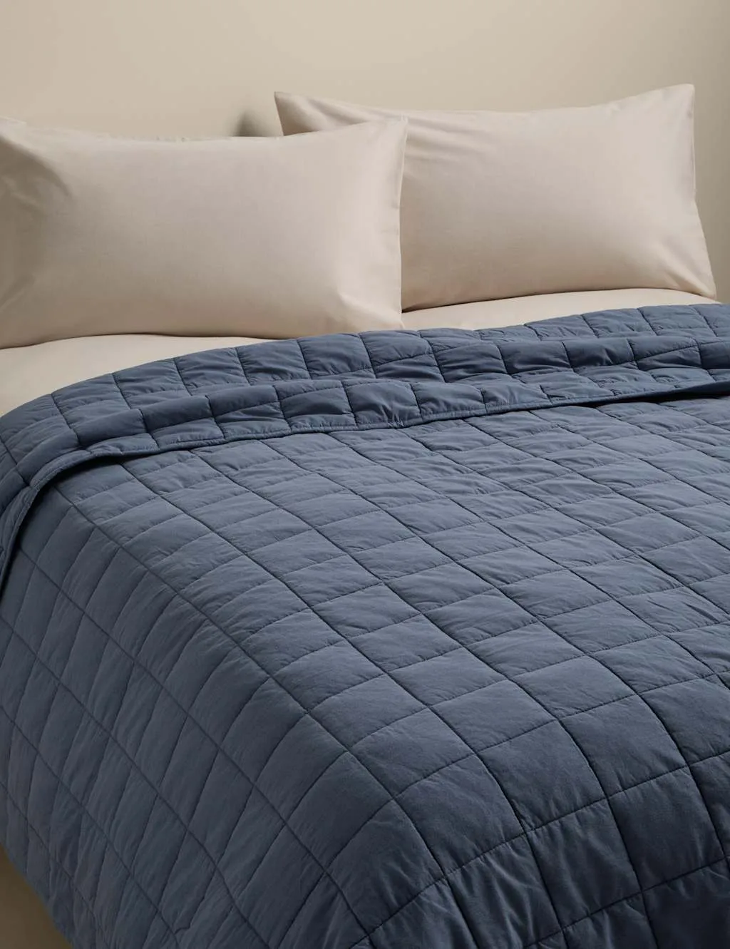 M&S Cotton Rich Quilted Bedspread with Linen Slate Blue