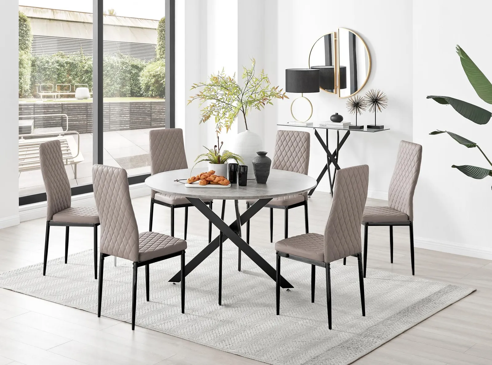 FurnitureboxUK Novara Grey Concrete Effect Black Leg 120cm Round Dining Table & 6 Milan Black Leg Chairs in Beige 1
