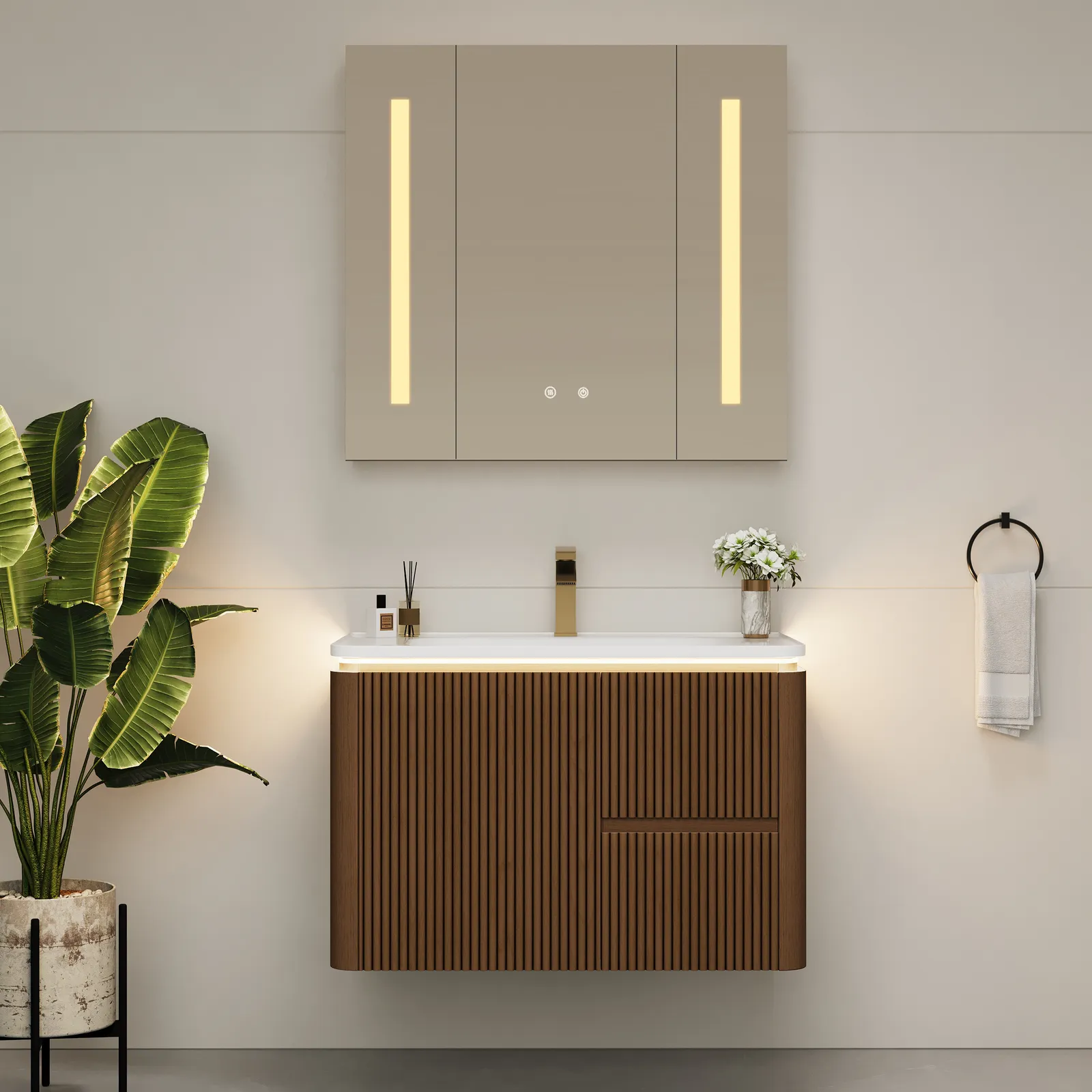 Modern 32" Floating Fluted Bathroom Vanity with Sink, Soft LED, Ample Storage