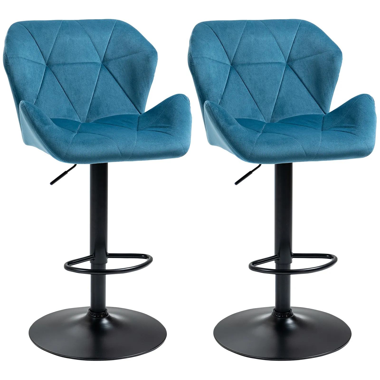 HOMCOM Of 2 Luxurious Velvet-Touch Bar Stools w/ Metal Frame Footrest Base in Blue 2
