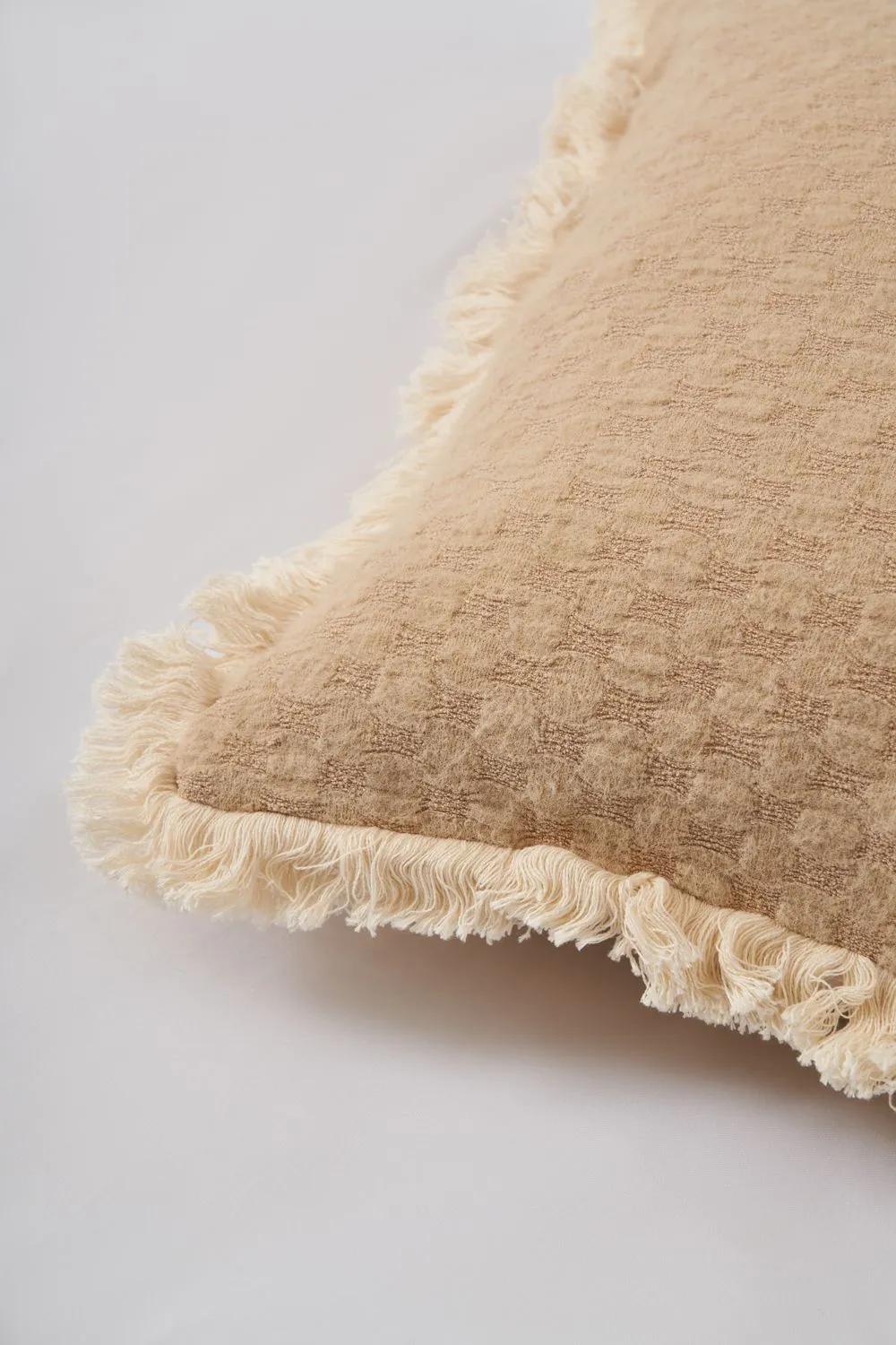 BHS Small Checkerboard Cushion with Fringe in Natural 2