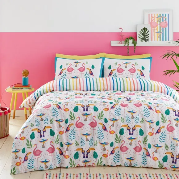 Fusion Tropical Flamingo Reversible Duvet Cover and Pillowcase Set