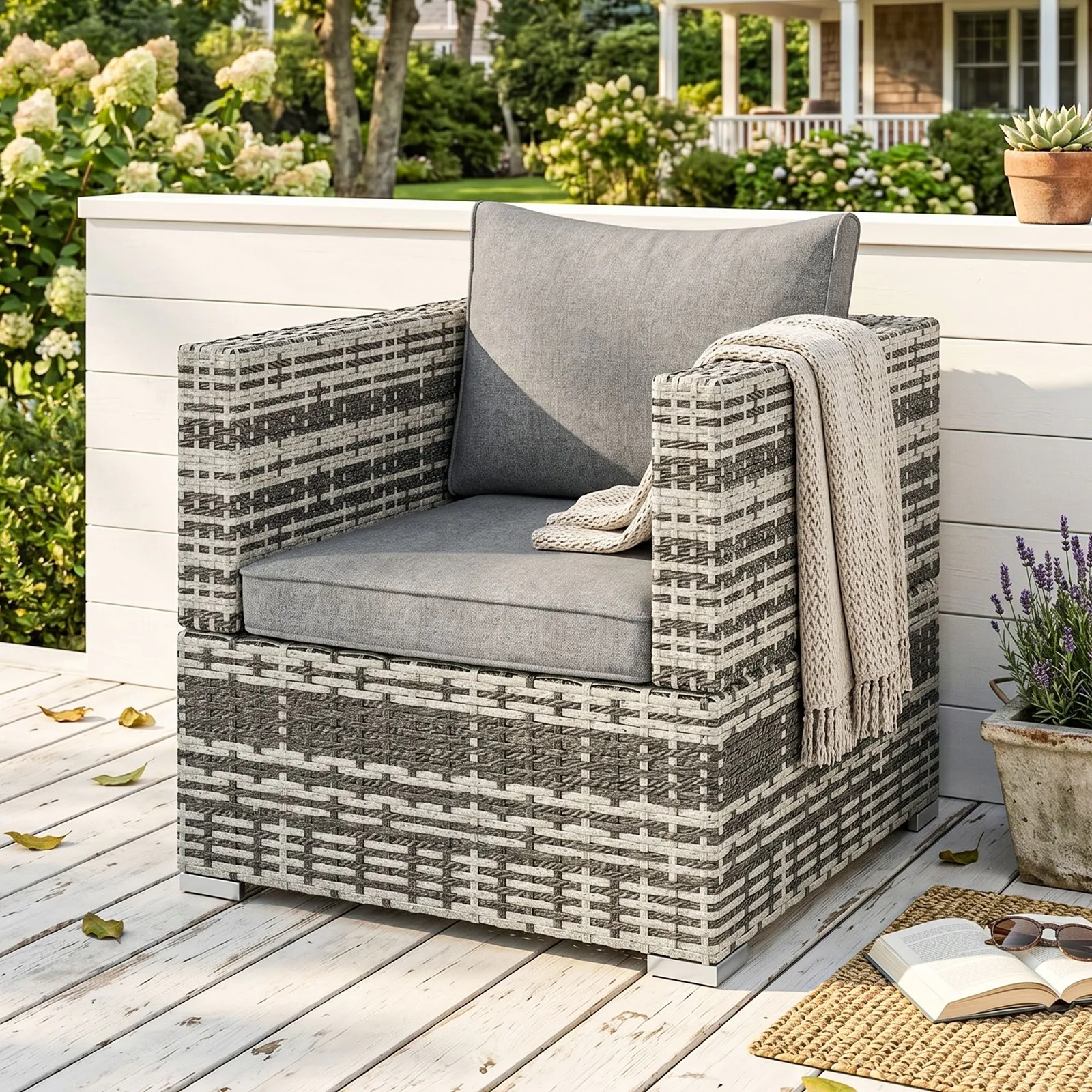 OUTSUNNY Outdoor Garden Furniture Rattan Single Middle Sofa w/ Cushions in Grey