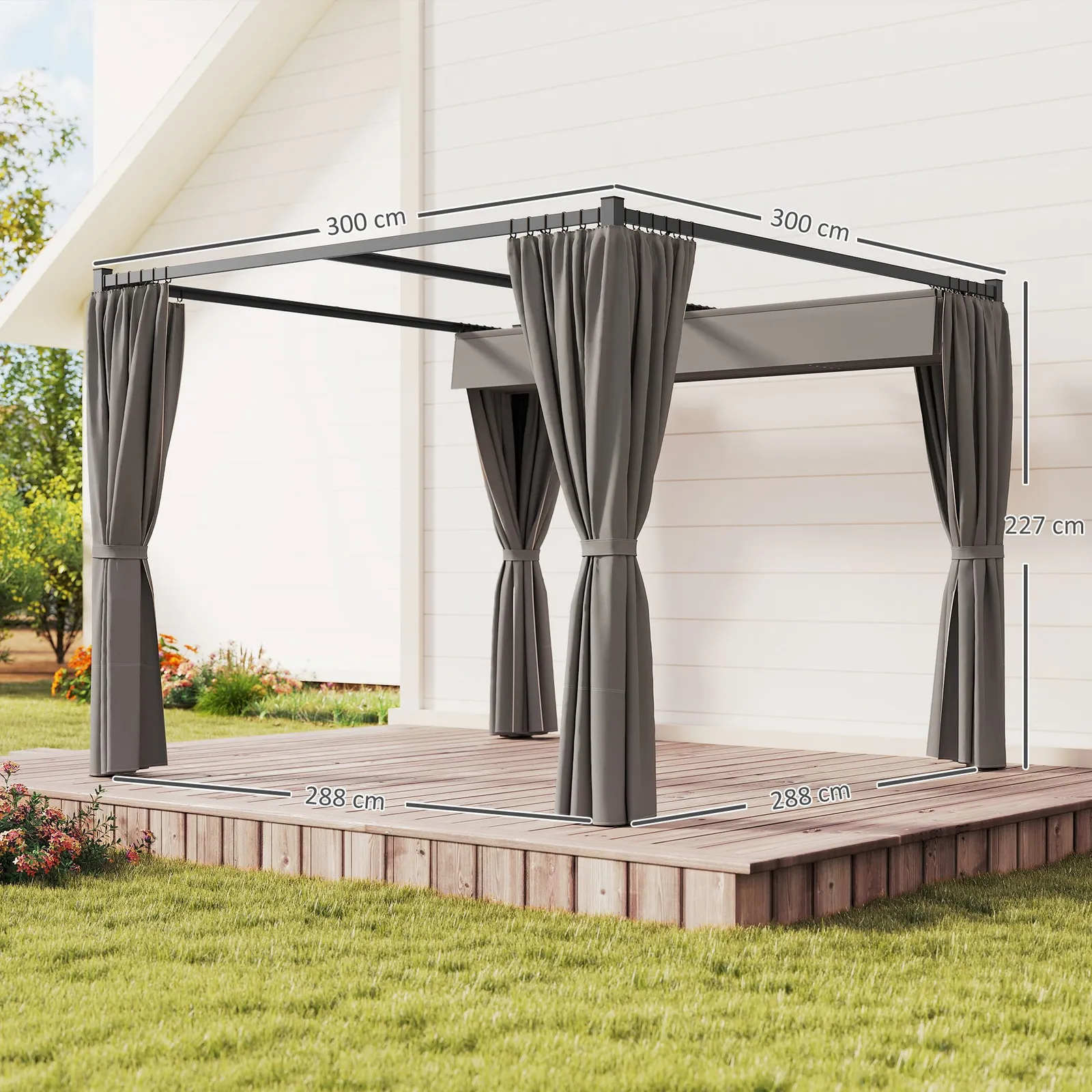 OUTSUNNY 3 x 3(m) Pergola with Retractable Roof & Curtains in Light Grey 3