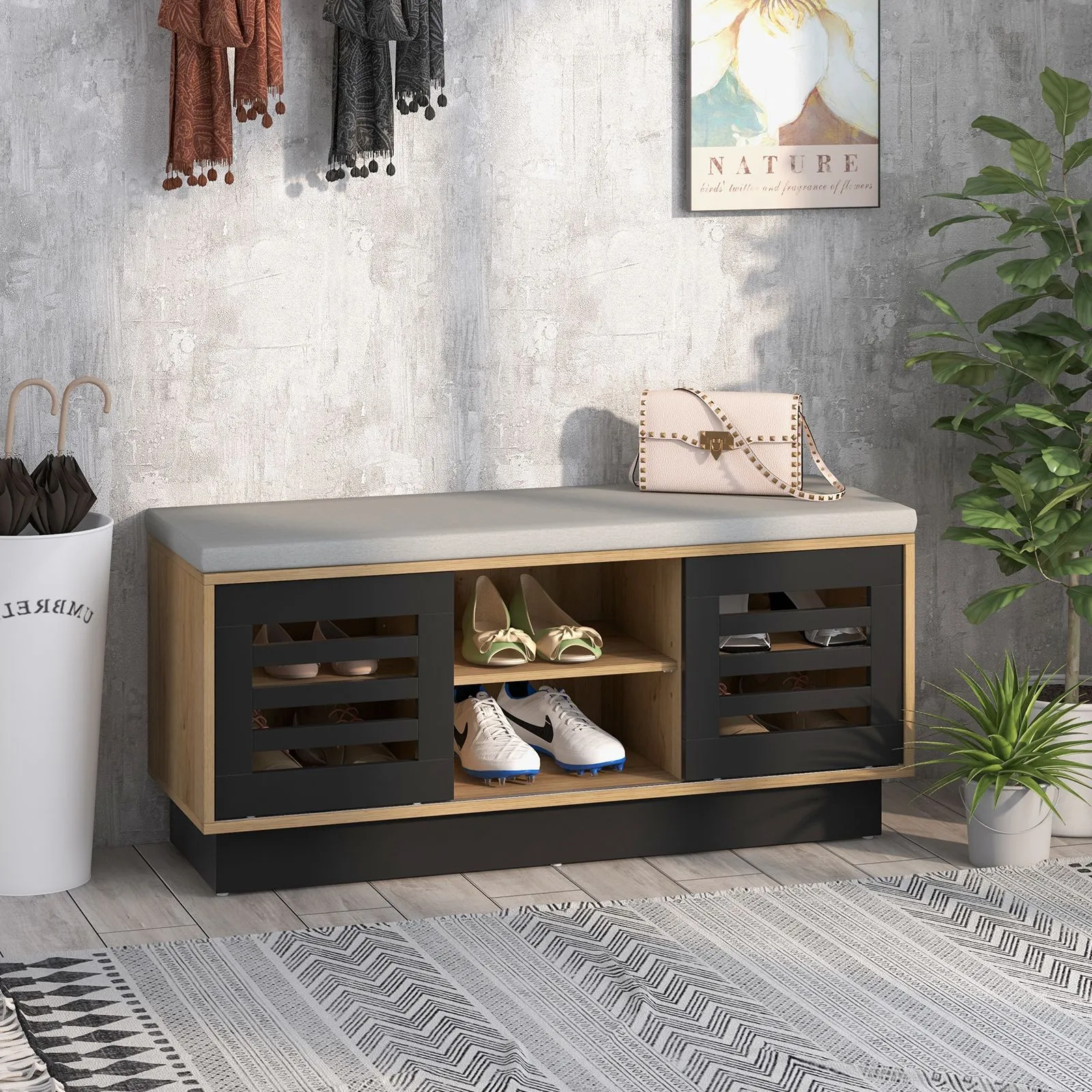 Costway Shoe Rack Storage Bench Organizer W/Cushion Adjustable Shelf Slide Door Natural 3