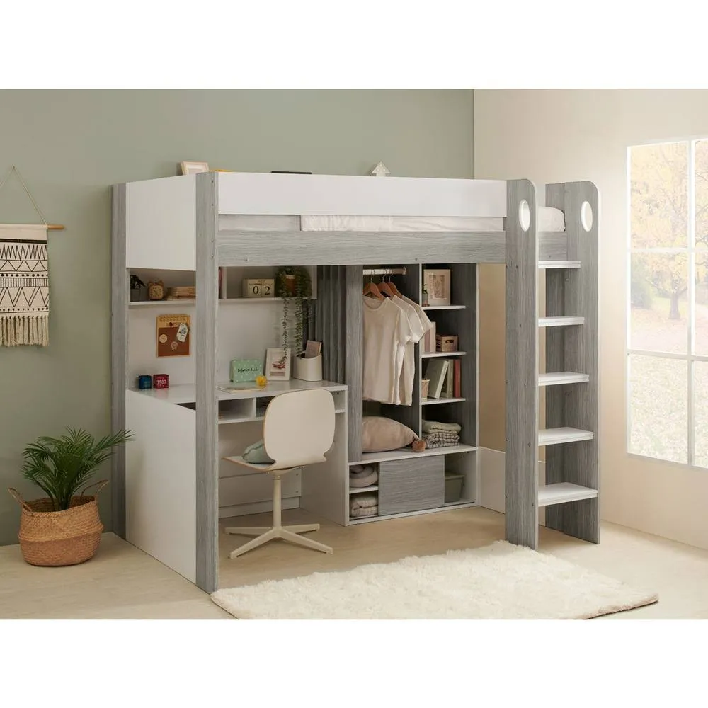Flair Hampton Single High Sleeper Bed with Desk & Wardrobe in Grey
