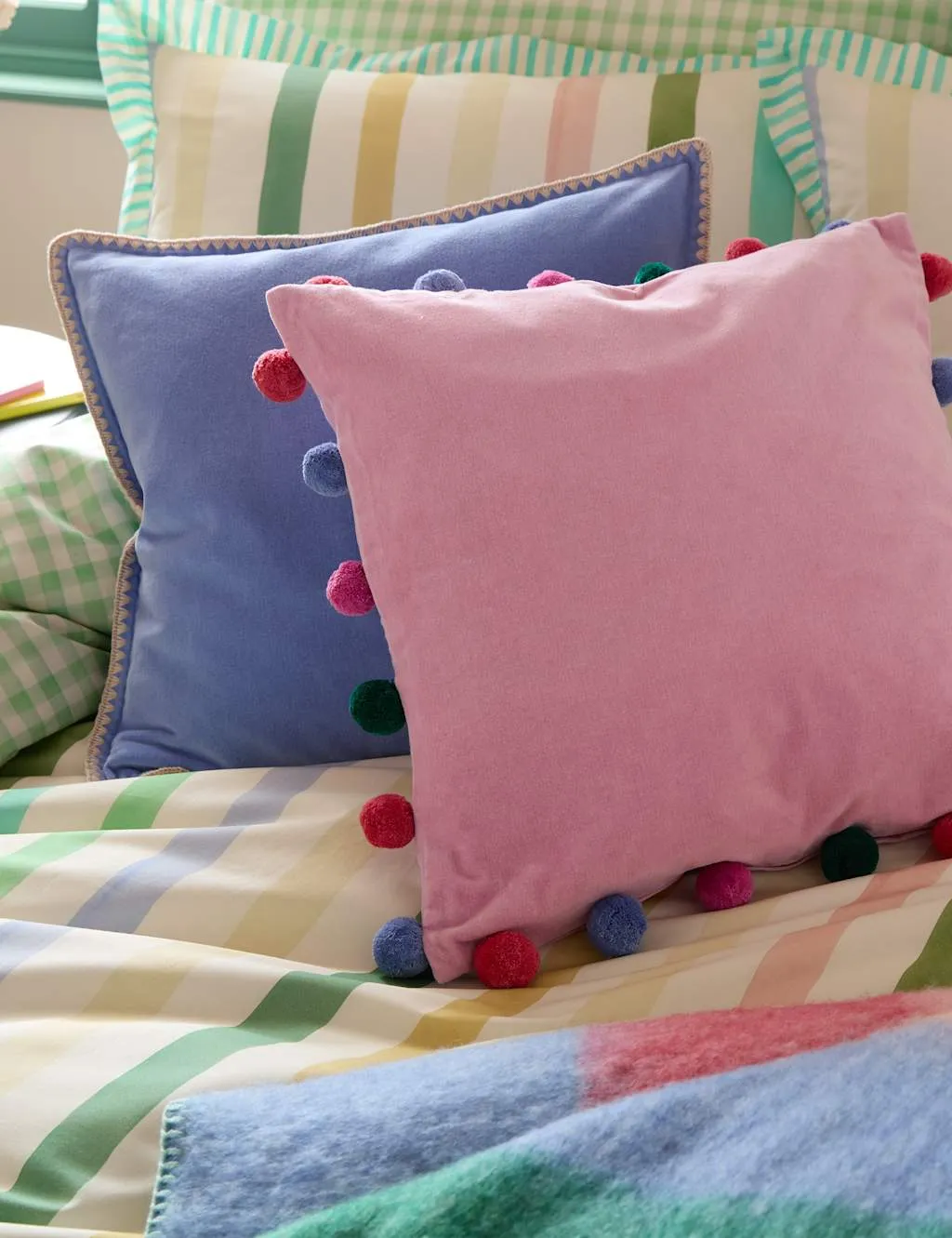 Bluebellgrey Pure Cotton Velvet Pom Pom Cushion Light Pink
