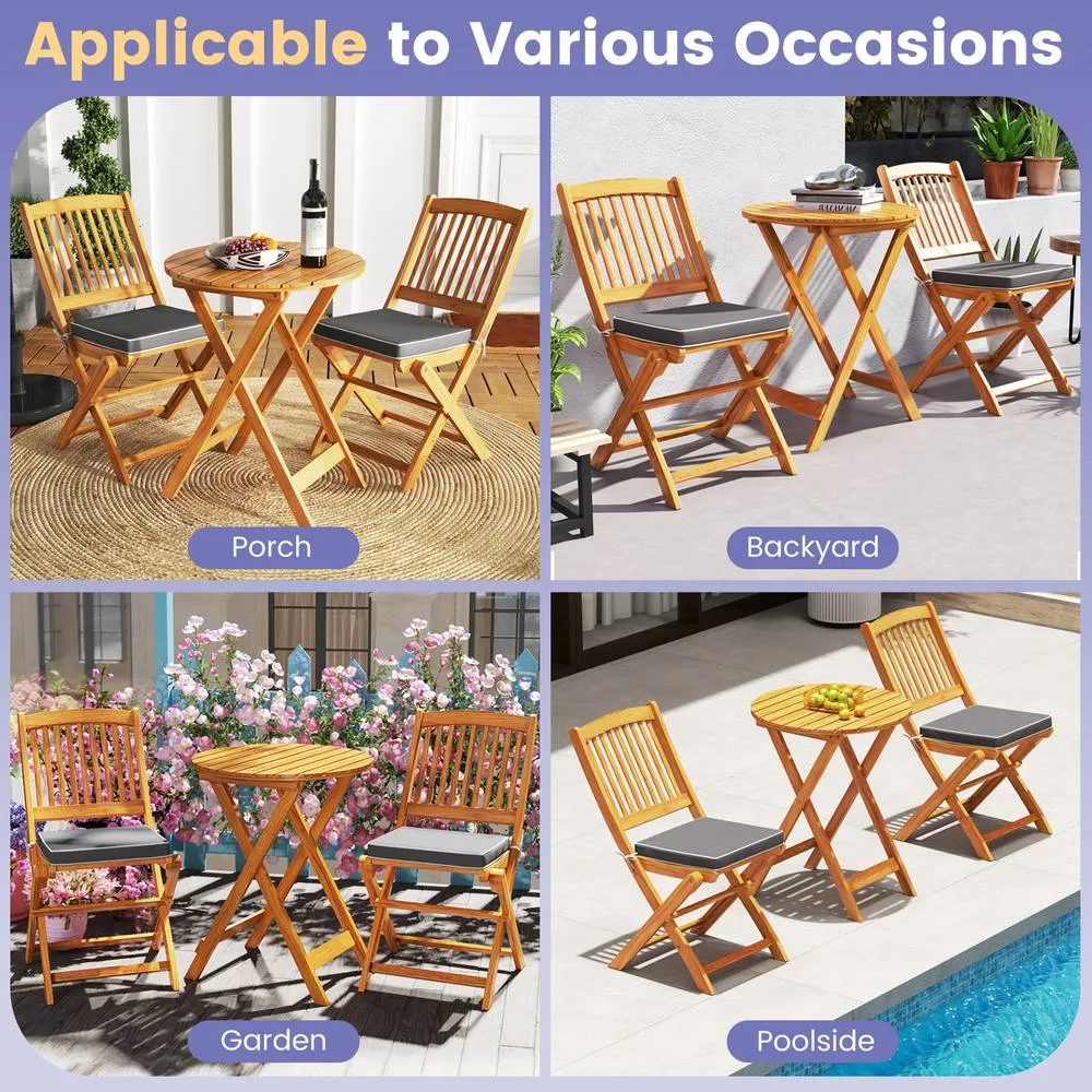 Costway 3 PCS Acacia Wood Folding Bistro Set Outdoor Table & Chairs Set with Cushions in Grey 5
