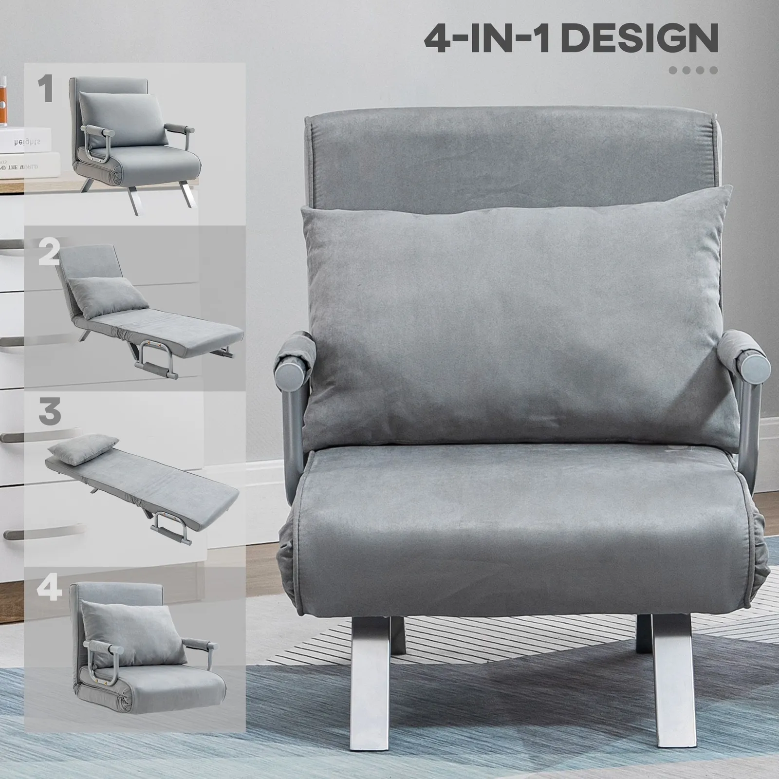 HOMCOM Single Folding 5 Position Convertible Sleeper Chair Bed in Light Grey 5