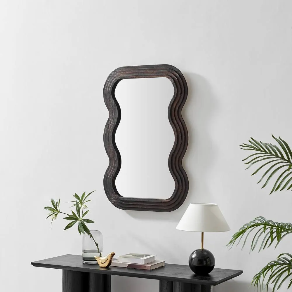 FurnitureboxUK Liora Walnut Wood Medium 90x60cm Rectangle Wavy Wall Mirror 2