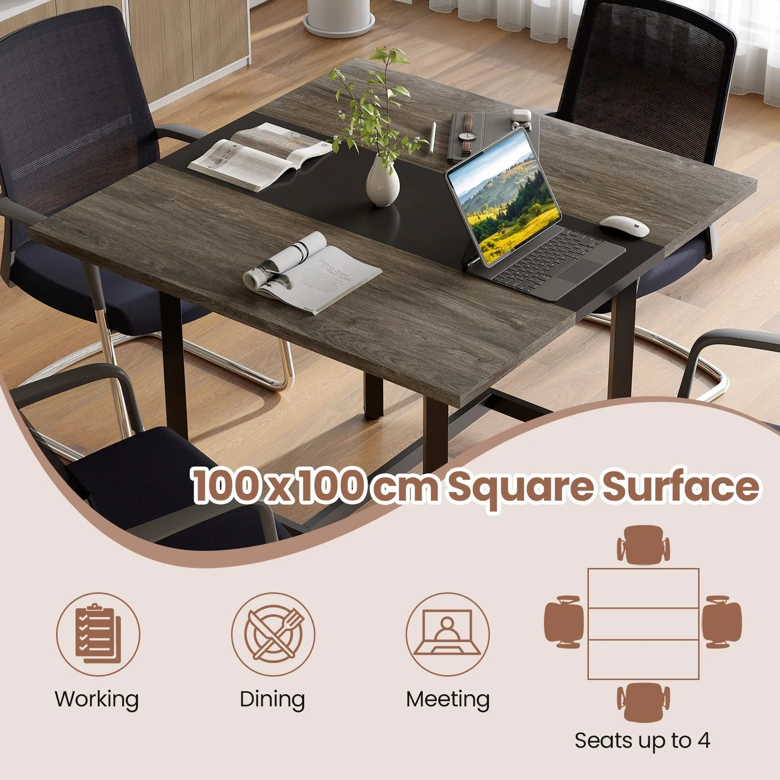 Costway 100CM Square Conference Table Meeting Room Table in Grey 4