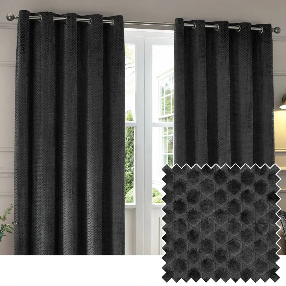Paoletti Neptune Fully Lined Velvet Eyelet Curtain Pair in Charcoal 1