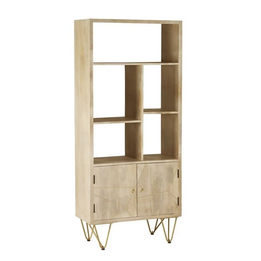 Indian Hub Large Bookcase with 2 Door - Solid Mango Wood - L35 x W80 x H180 cm - Light Gold in Brown