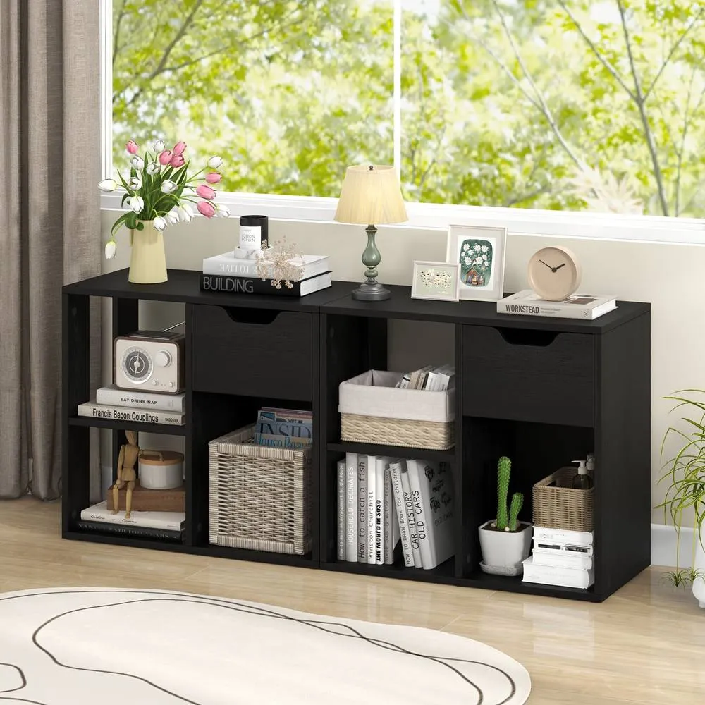 Costway 3-Cube Bookcase 2-tier Wooden Storage Shelf w/ Drawer in Black 3