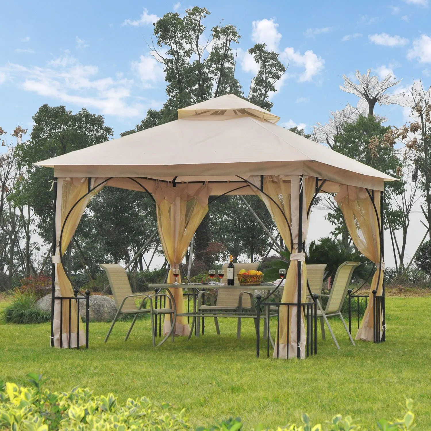 OUTSUNNY Gazebo Party Tent Canopy Sun Shade for Patio Garden 3x3(m) in Beige