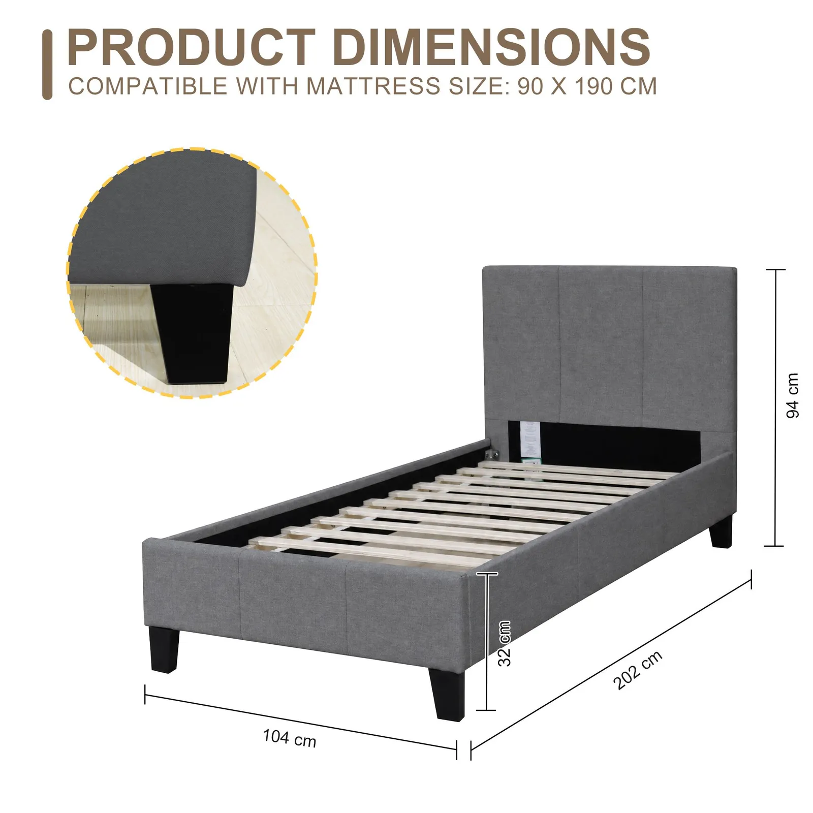 Comfy Living Ltd Modern Hopsack Fabric Upholstered Bedframe in Dark Grey 6
