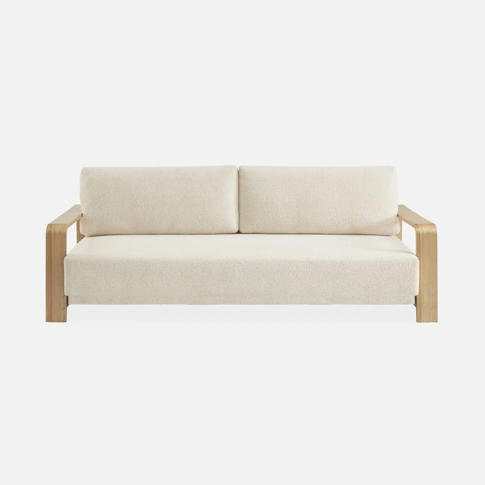 sweeek 3-seater Sofa Bed In White Boucle With Wooden Armrests 2