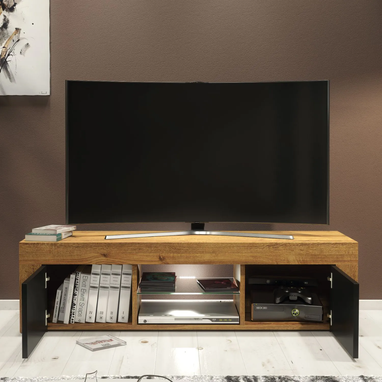 Creative Furniture Loom TV Unit 130cm - Minimalist Cabinet with Matte Finish & LED Lights in Brown 3