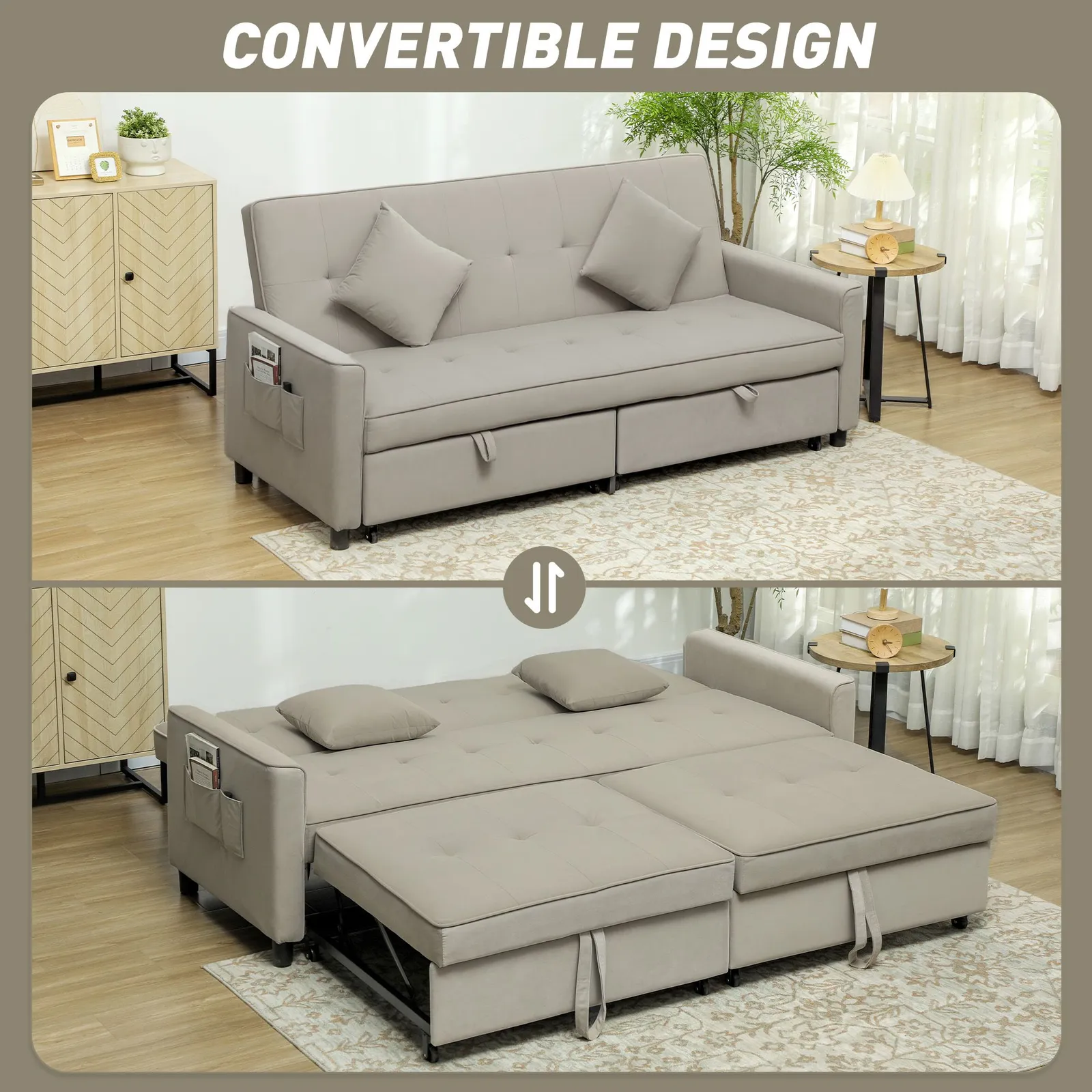 HOMCOM Reversible L-Shaped Sectional Sofa Bed with Cushions in Beige 4