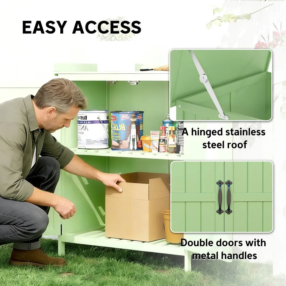 OUTSUNNY Wooden Garden Storage Shed w/Hinged Roof & Shelf, Light Green 5