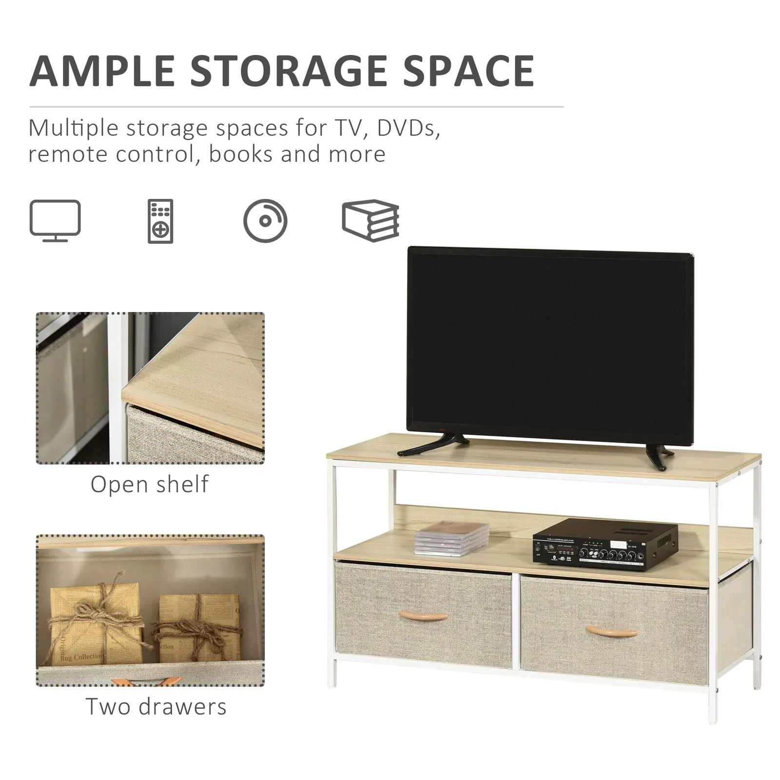 HOMCOM Cabinet, TV Console Unit W/ Foldable Linen Drawers, TV Stand for Living Room in Light Grey 6