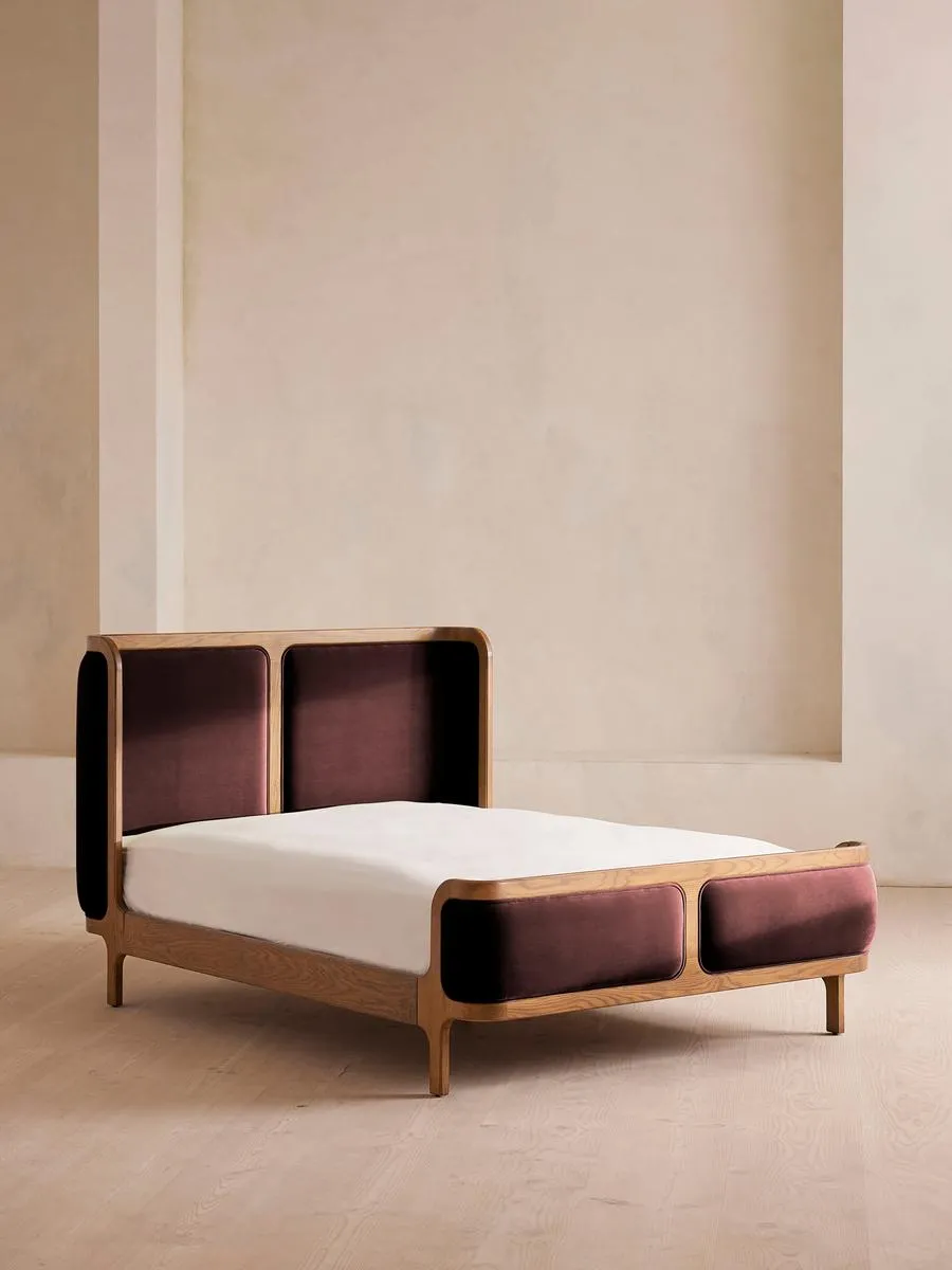 Belsa Bed, Light Wood, King, Velvet, Aubergine