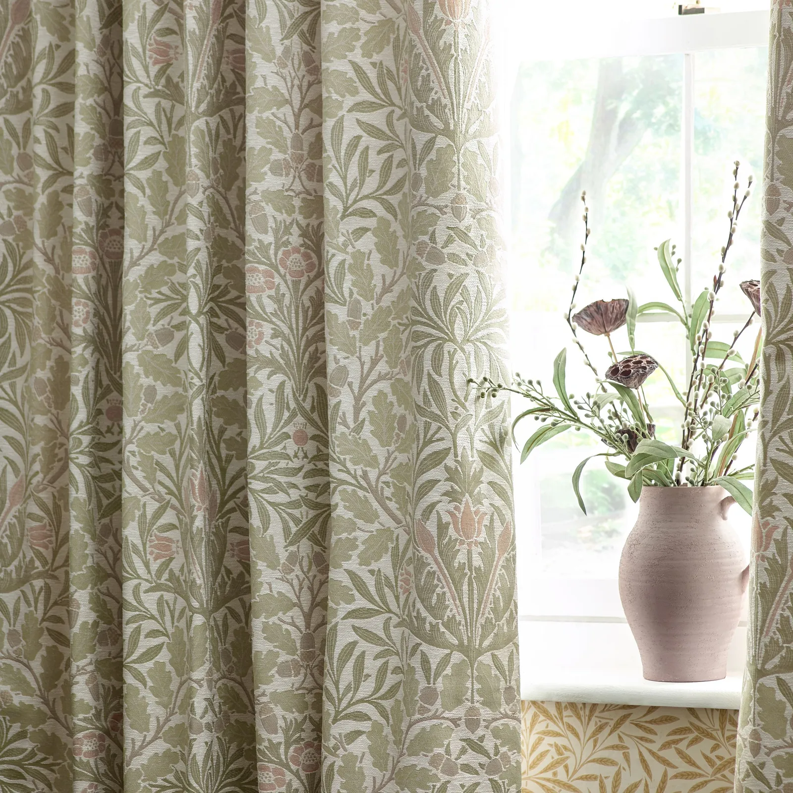 Morris & Co Acorn Multi Floral Jacquard Room Darkening Pencil Pleat Curtains in Stone 3