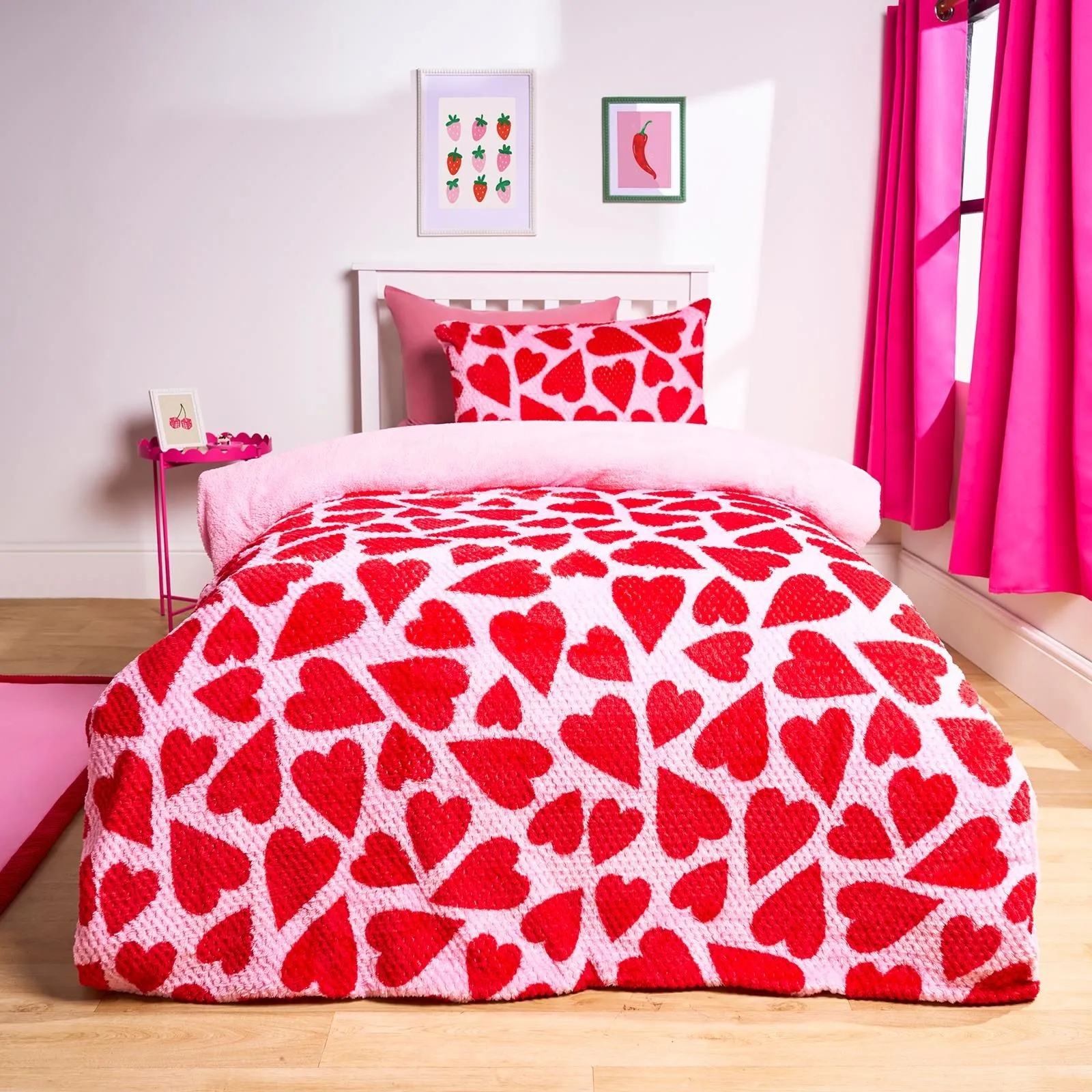 OHS Heart Waffle Sherpa Fleece Reversible Duvet Cover Bedding Set in Red