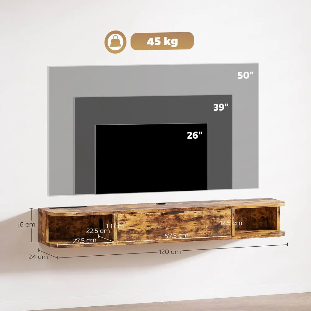 HOMCOM 120 cm Floating TV Unit with Flip Drawer & Shelves, Rustic Brown 3