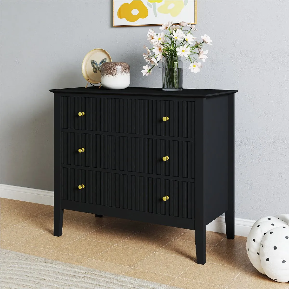 Melody Maison Wide 3 Drawer Chest Of Drawers & Pair Of Large Bedside Tables - Hales Black Range 6