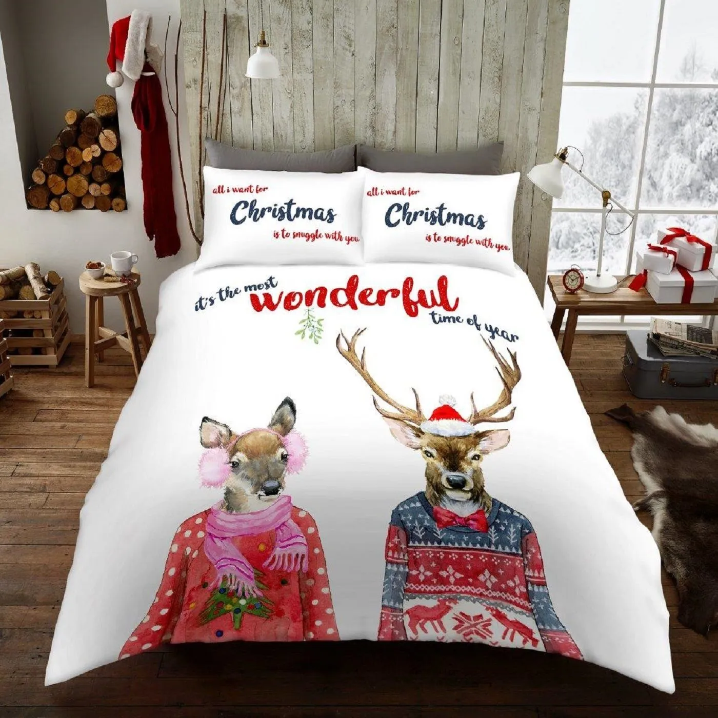 Smart Living Printed Polycotton Christmas Duvet Cover With Pillowcases in Pink 1