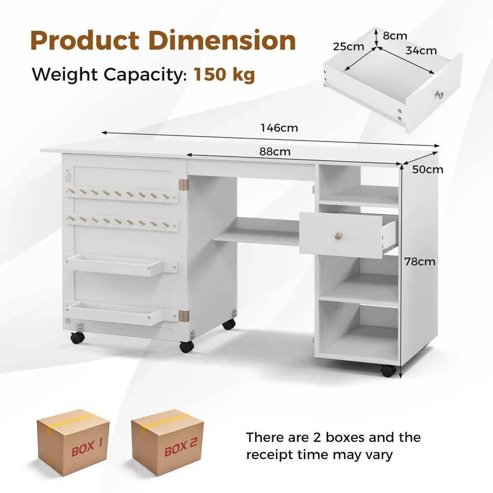 Costway Folding Sewing Table Adjustable Rolling Sewing Craft Desk w/Trays&Pegs in White 2