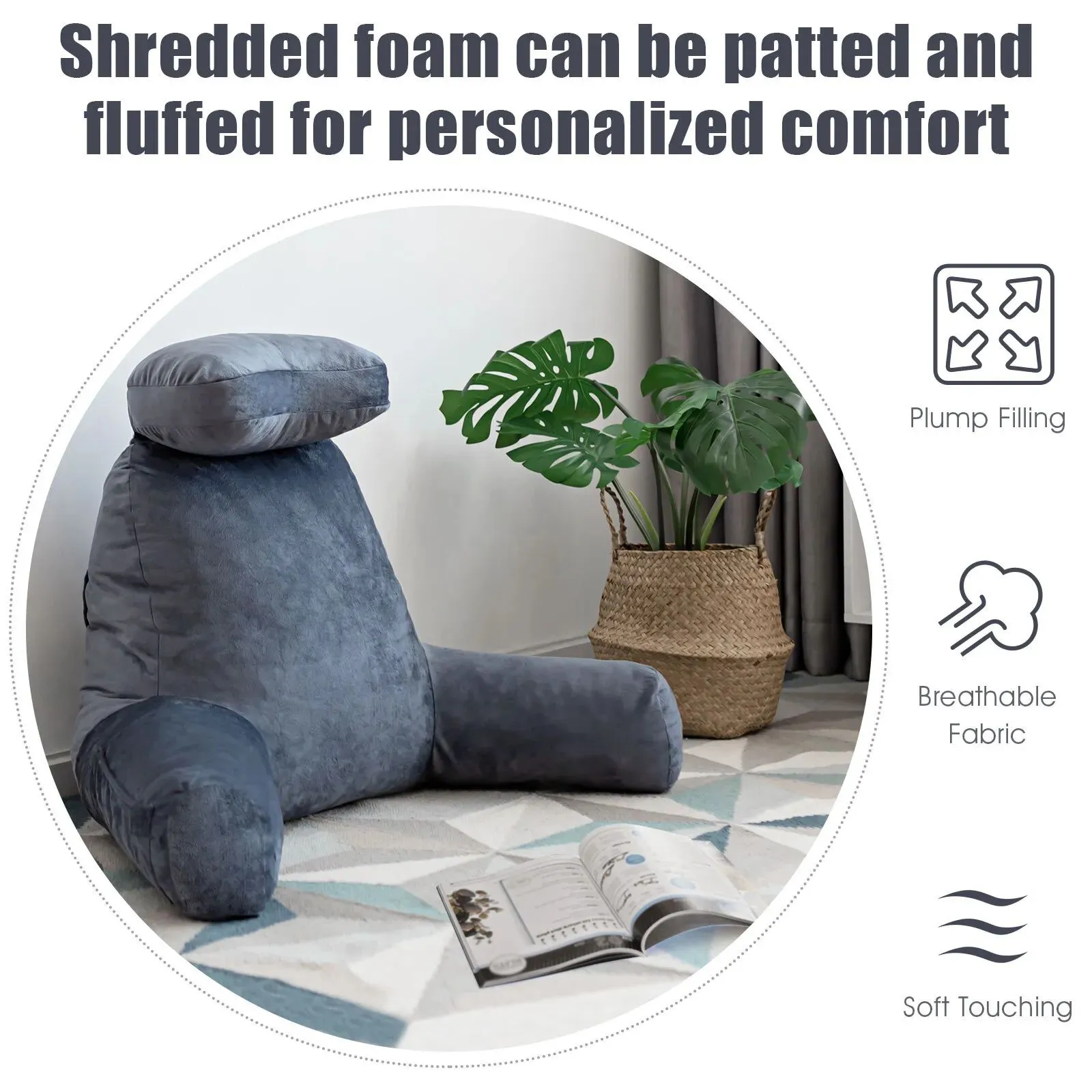 Costway Big Bed Rest Pillow Soft Back Support with Support Arms Relaxing Gaming Reading in Grey 6