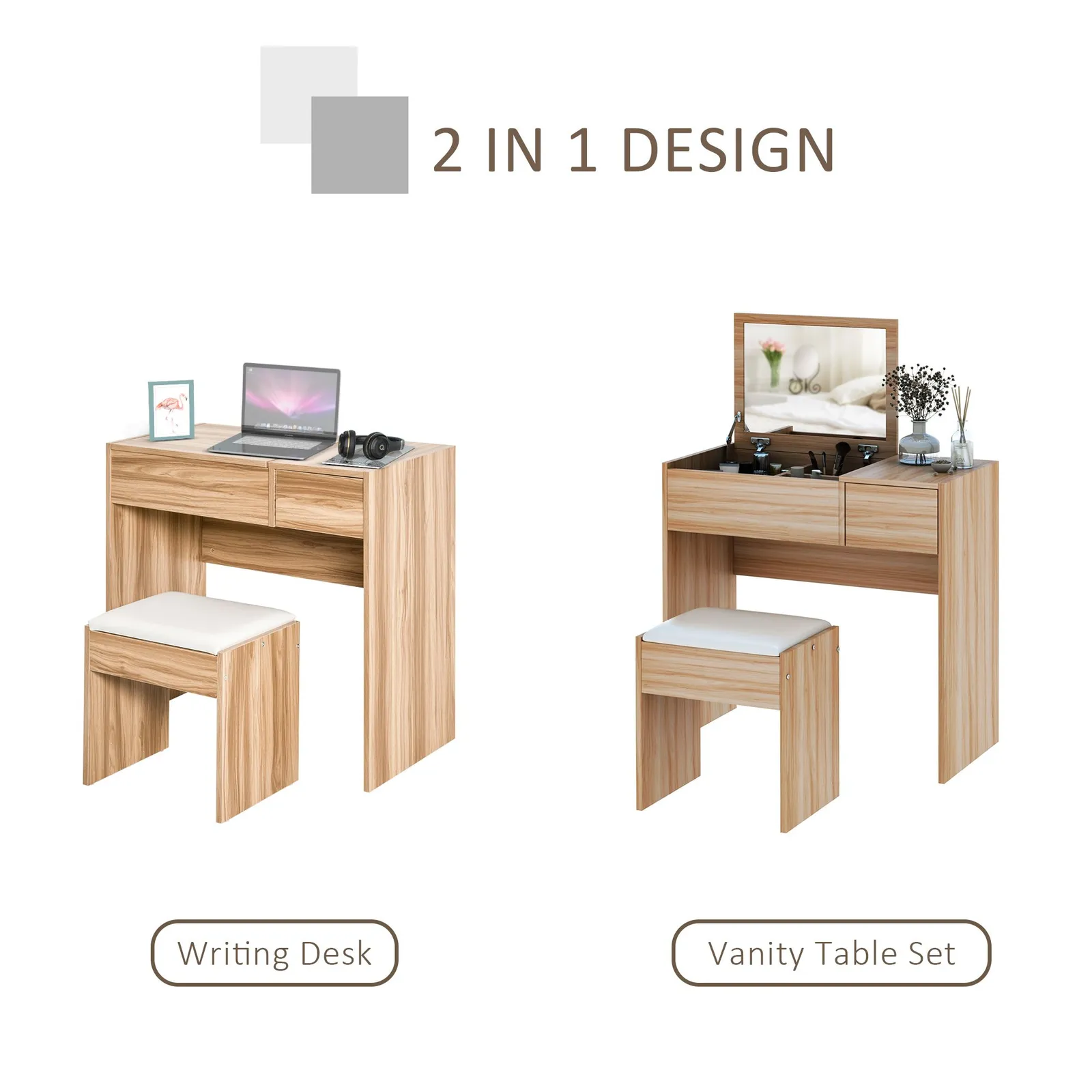 HOMCOM Dressing Table Set Cushioned Stool Flip-up Mirror Drawer Chipboard in Natural 6