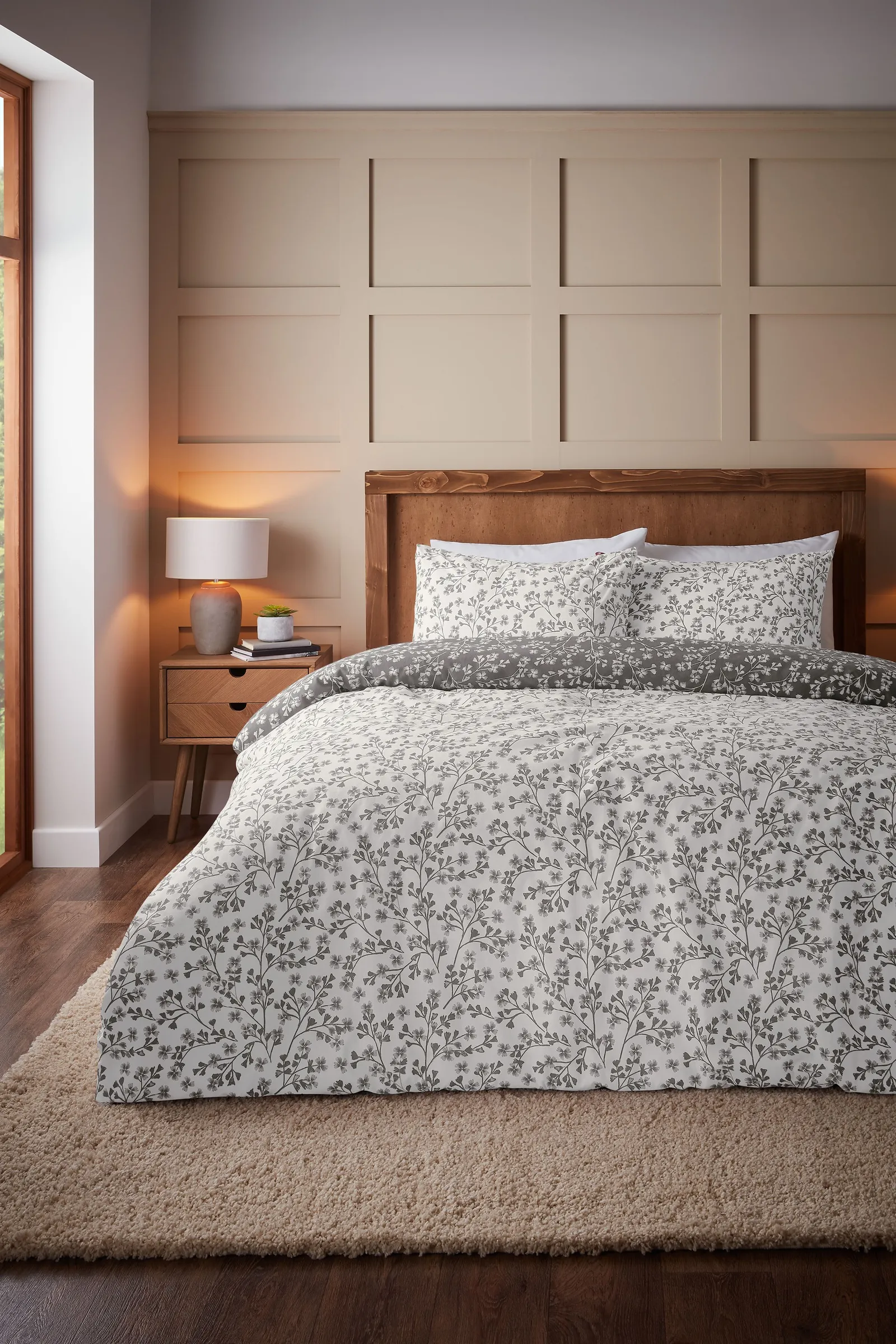 Catherine Lansfield 'Brushed Grace Floral Leaf' Cotton Reversible Duvet Cover Set in Grey 2