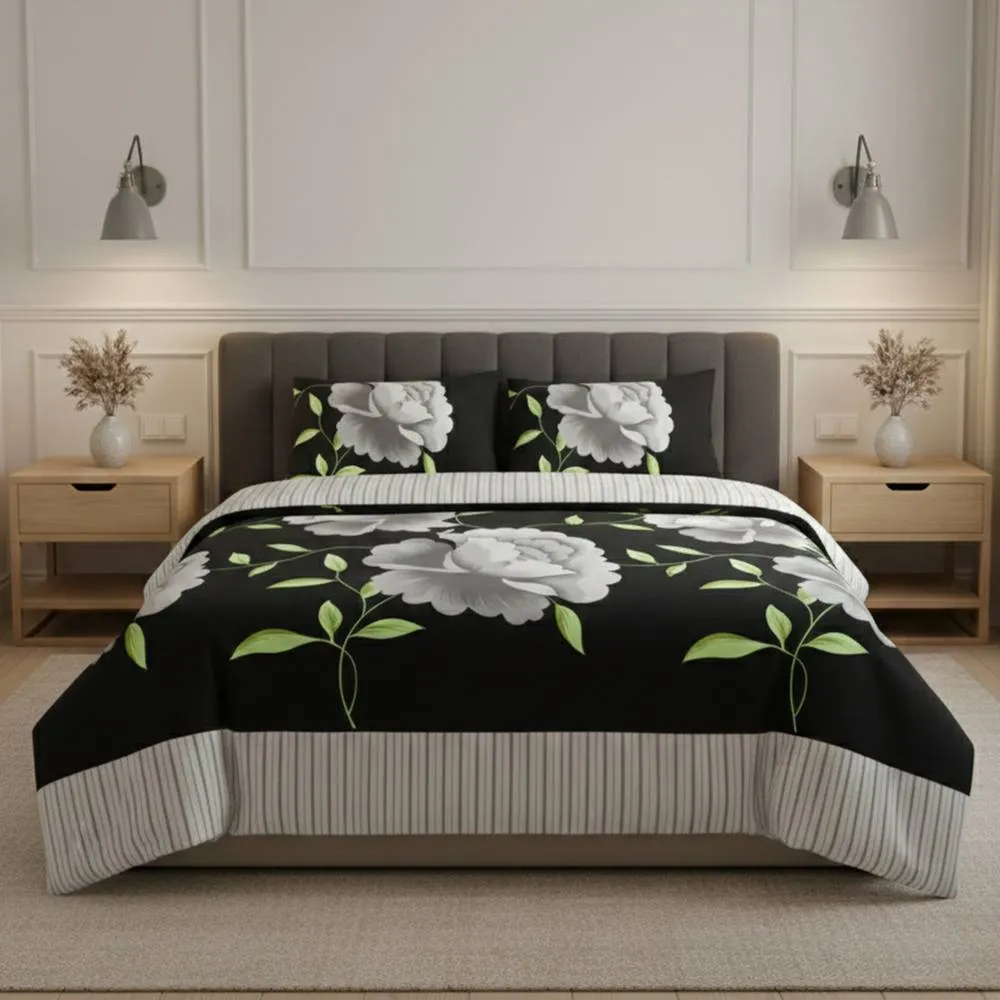 Snug City Reversible Floral Duvet Set Elegant Flower Stripe Pattern Bedding in Black