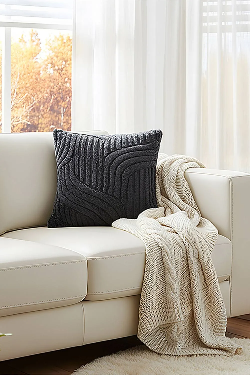 Living and Home 3D Wave Textured Plush Throw Pillow Cover in Dark Grey